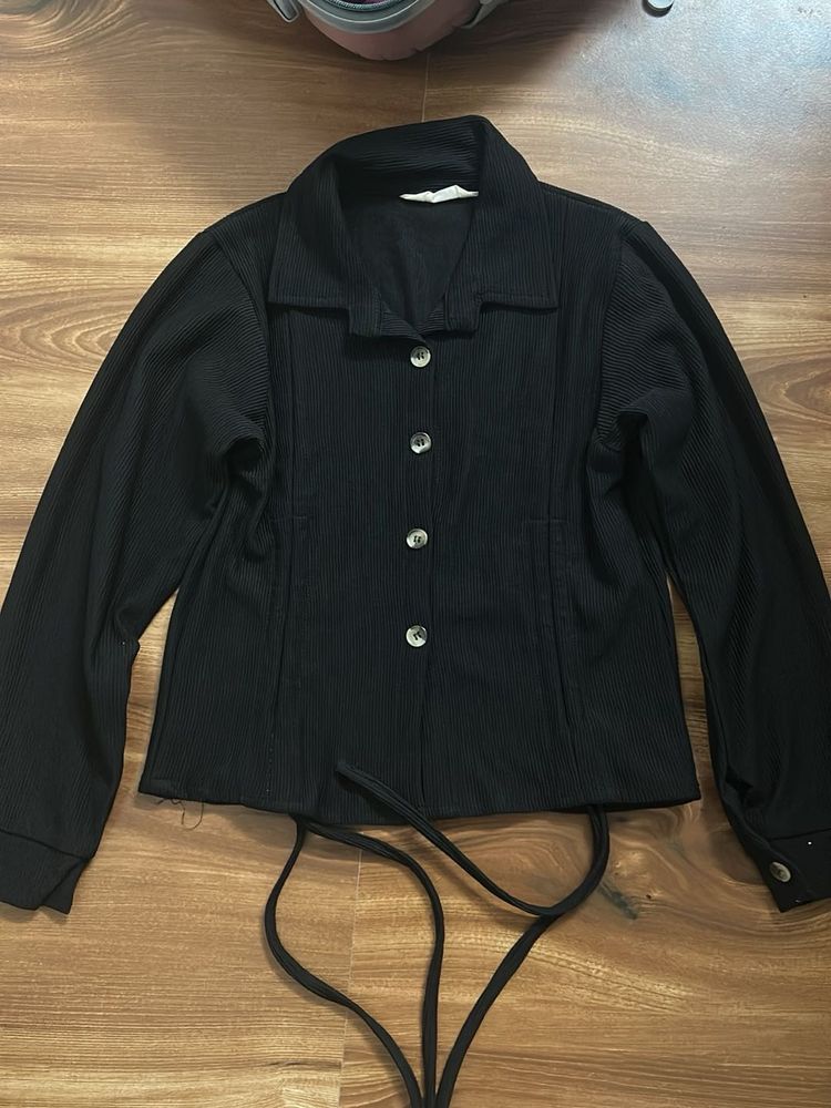 Black Ribbed Button-Up Top