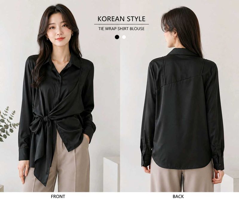 Elegant Black Tie Wrap Shirt Blouse