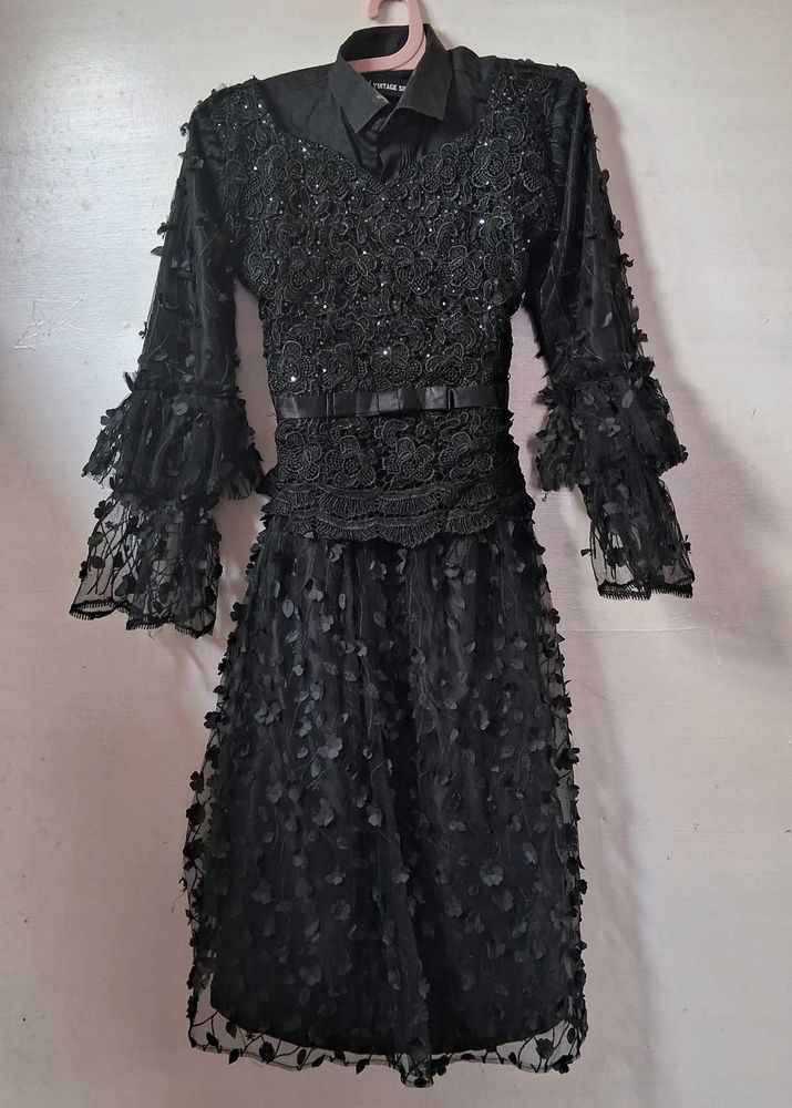 wednesday addams Elegant Black Lace Evening Gown