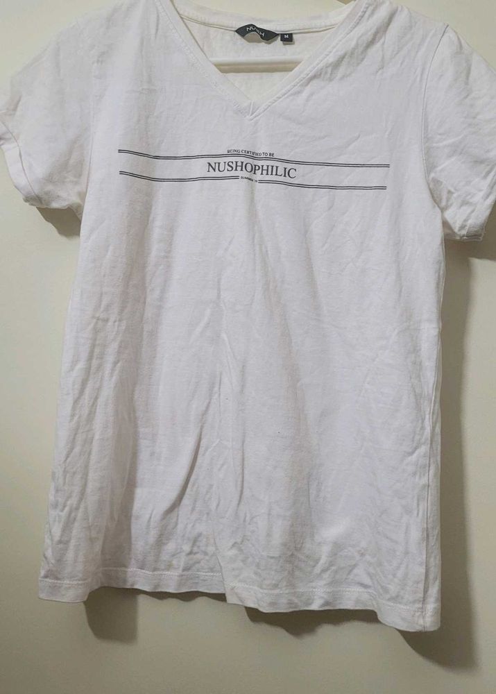 White V-Neck T-Shirt with Graphic Print Nush brand