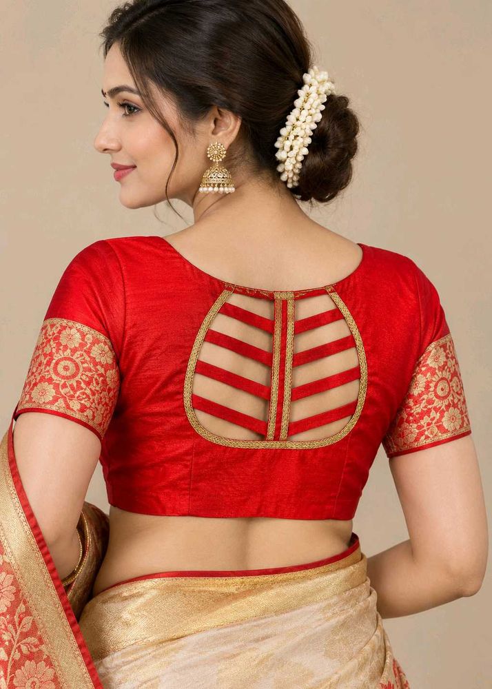 Elegant Red Silk Blouse with Golden Border