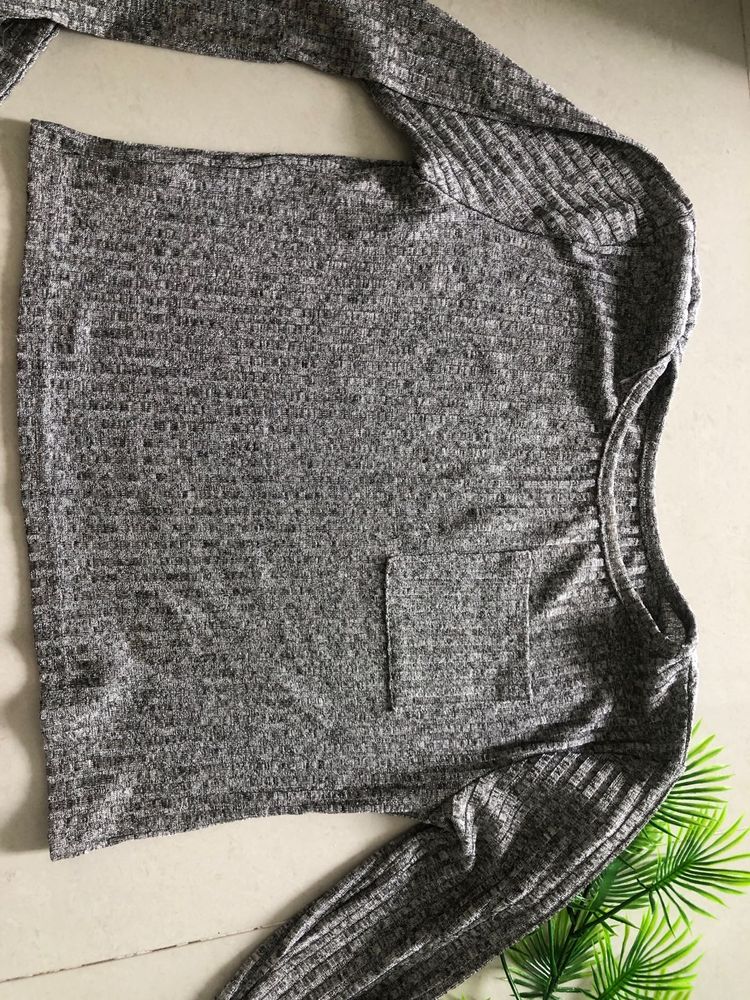 Grey Ribbed Long Sleeve Top with Pocket