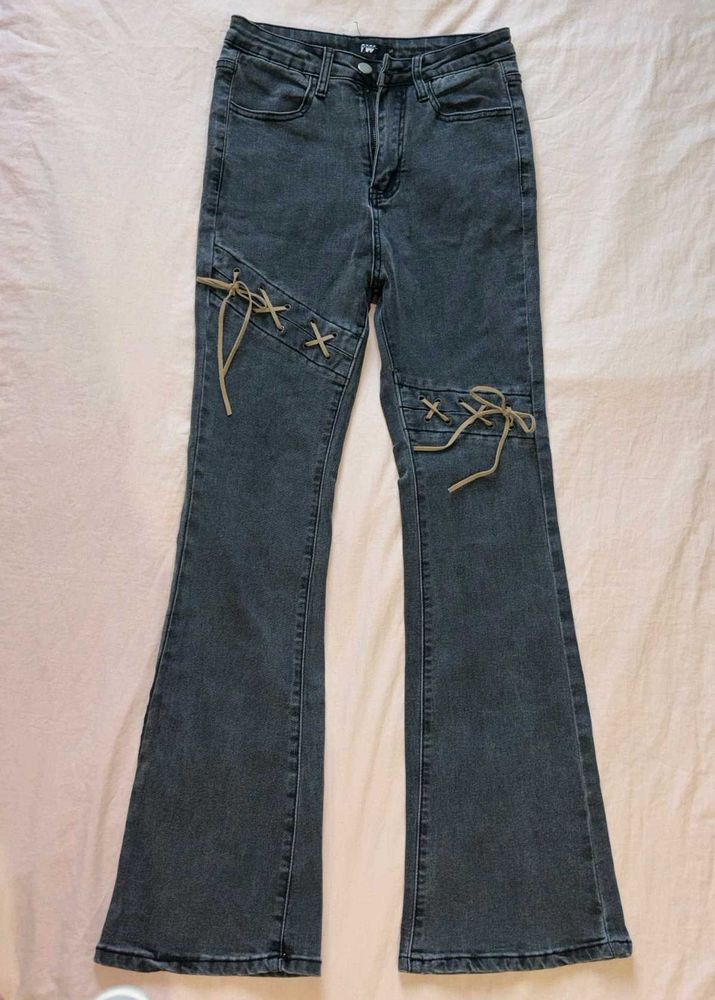 Flared Jeans with Lace-Up Detail