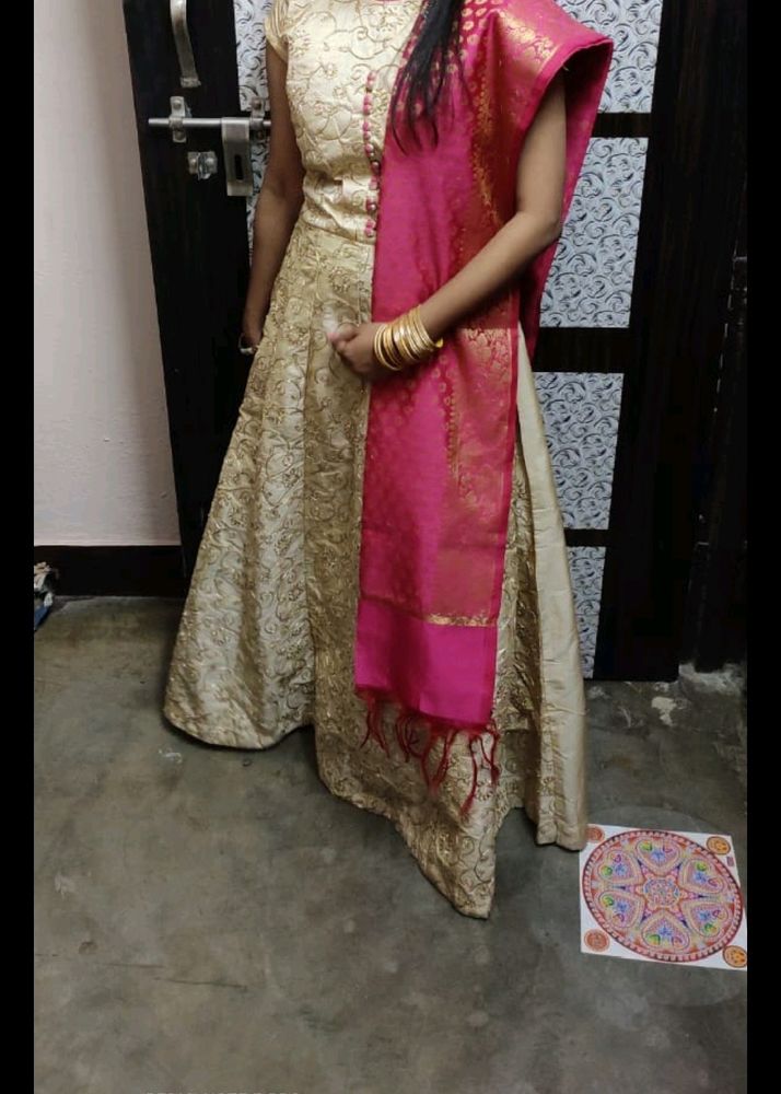 Beautiful  Cream Colur Full Length  Gown With Golden Embroidery