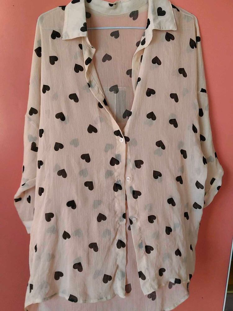 Sheer Heart Print Button-Up Shirt