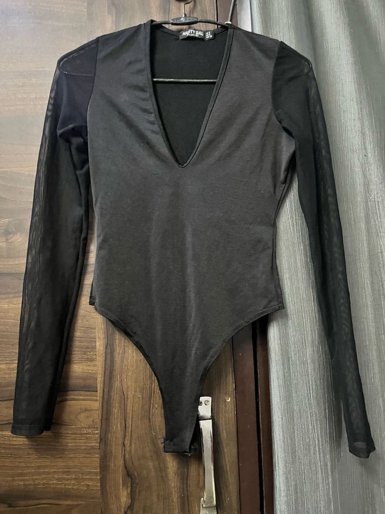 Sheer Sleeve Plunge Bodysuit