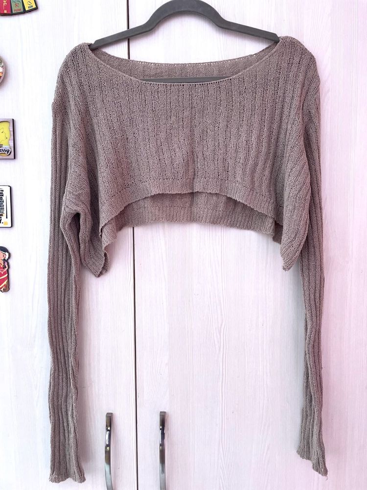 Boat Neck Rib Cropped Knit Long Sleeve