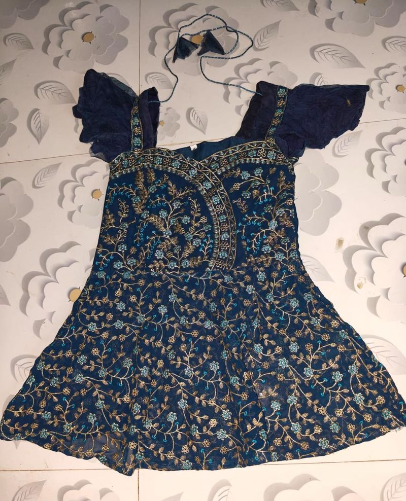 navy blue short kurti with sharara and pant set
