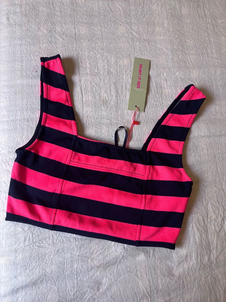 Pink &amp; Navy Striped Crop Top