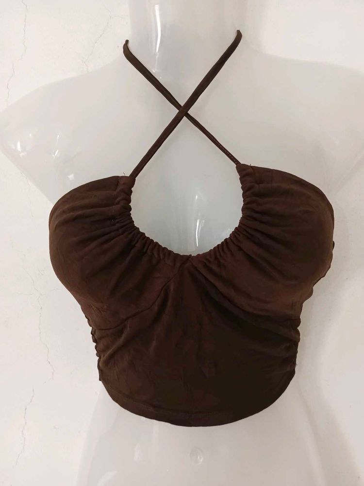 Chic Brown Ruched Halter Top