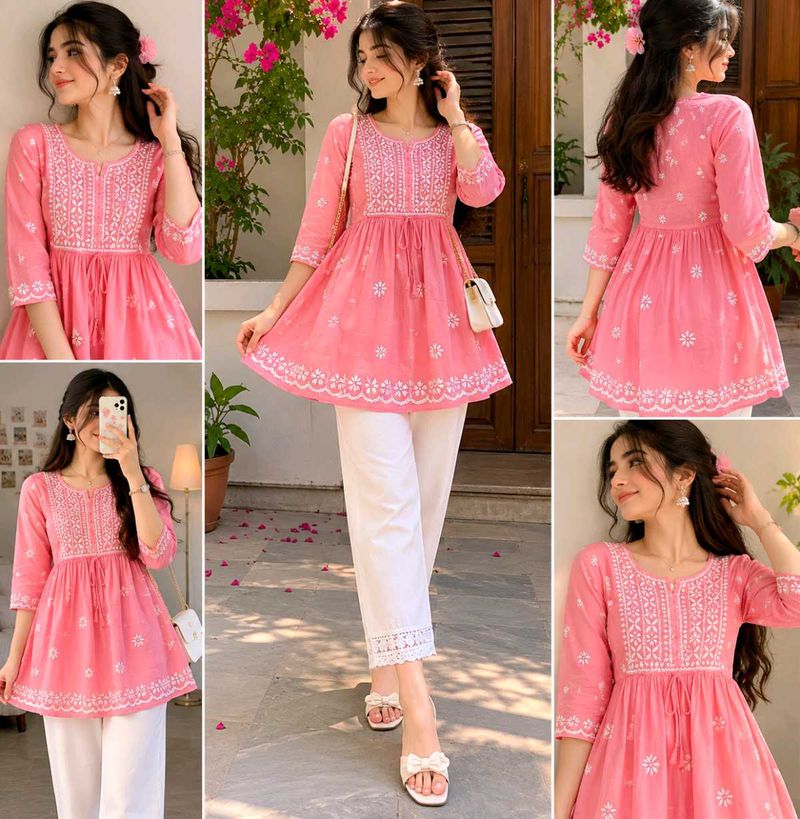 Pink Chikankari Short Kurti | Embroidered Cotton K