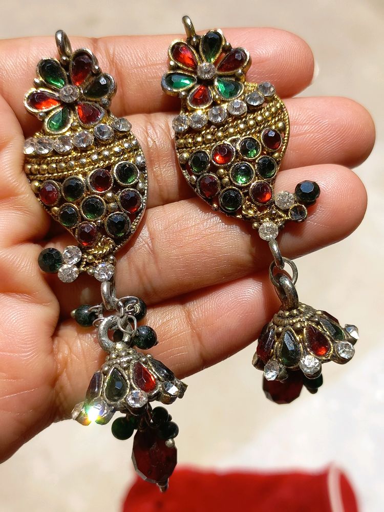Earrings Stone Work Jewellery Red And Green Combin
