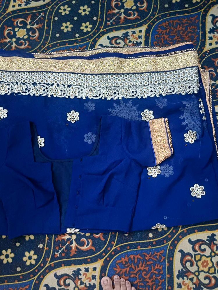 Royal Blue Embellished Saree with Blouse