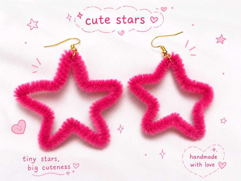 Fuzzy Pink Star Earrings &amp; hair clip