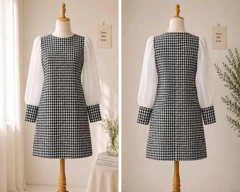 Chic Houndstooth Mini Dress with Sheer Sleeves