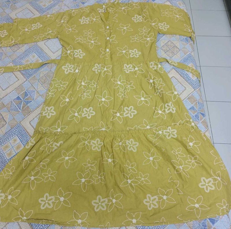 Mustard Yellow Embroidered fit and flare dress