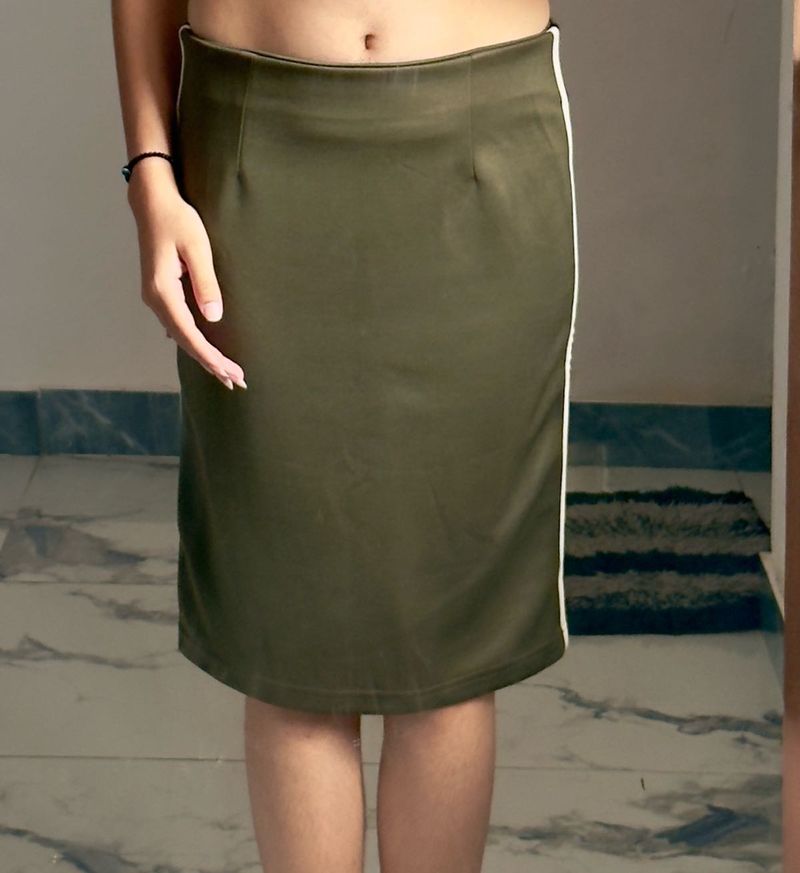Olive Green Pencil Skirt with Side Stripe