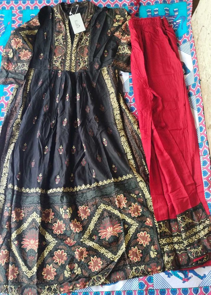 Elegant Black Kurta with Red Pants Set