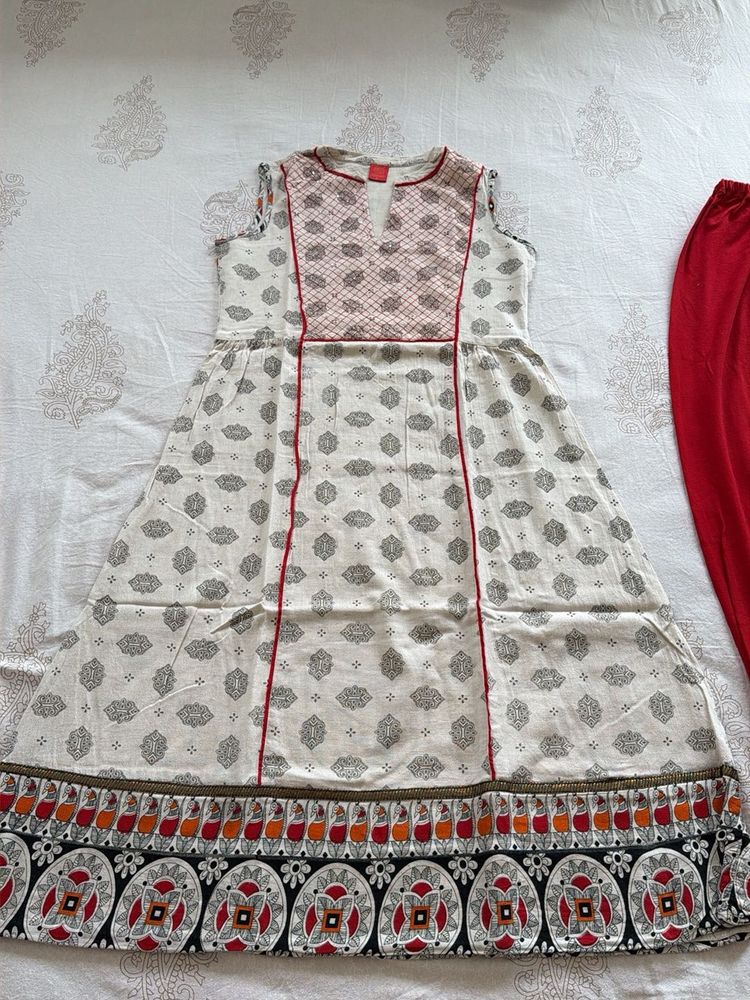 Elegant Cream &amp; Red Kurti Set Branded Linen
