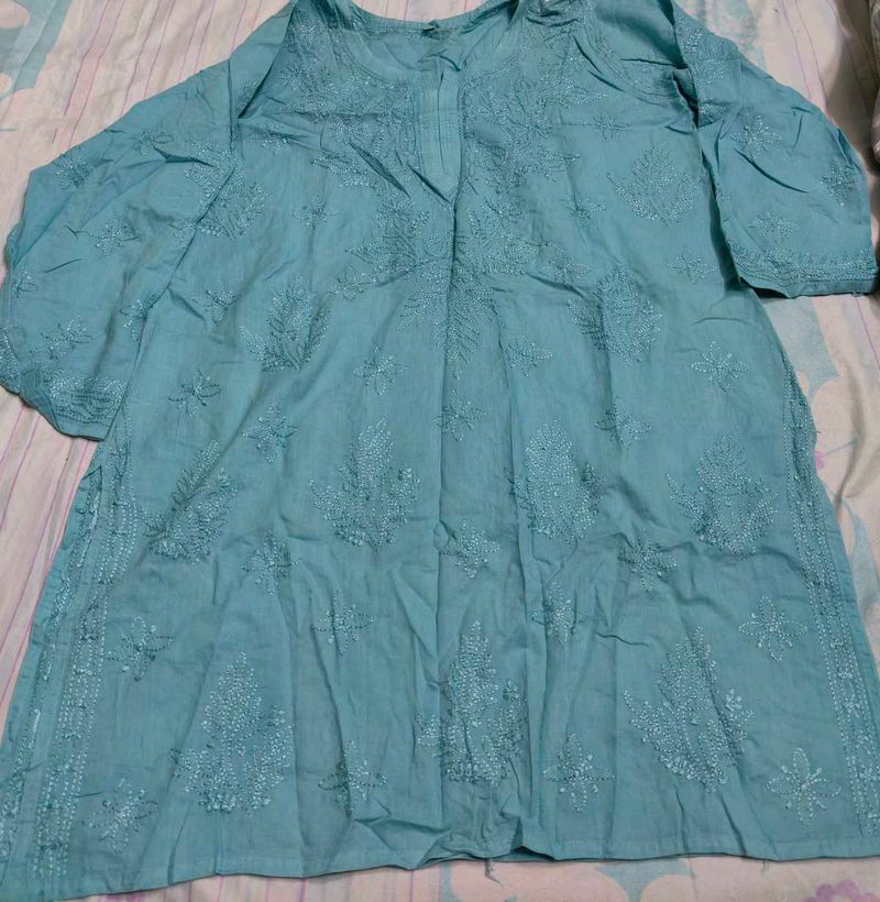 Pure lucknow Elegant Blue Embroidered Cotton Kurta