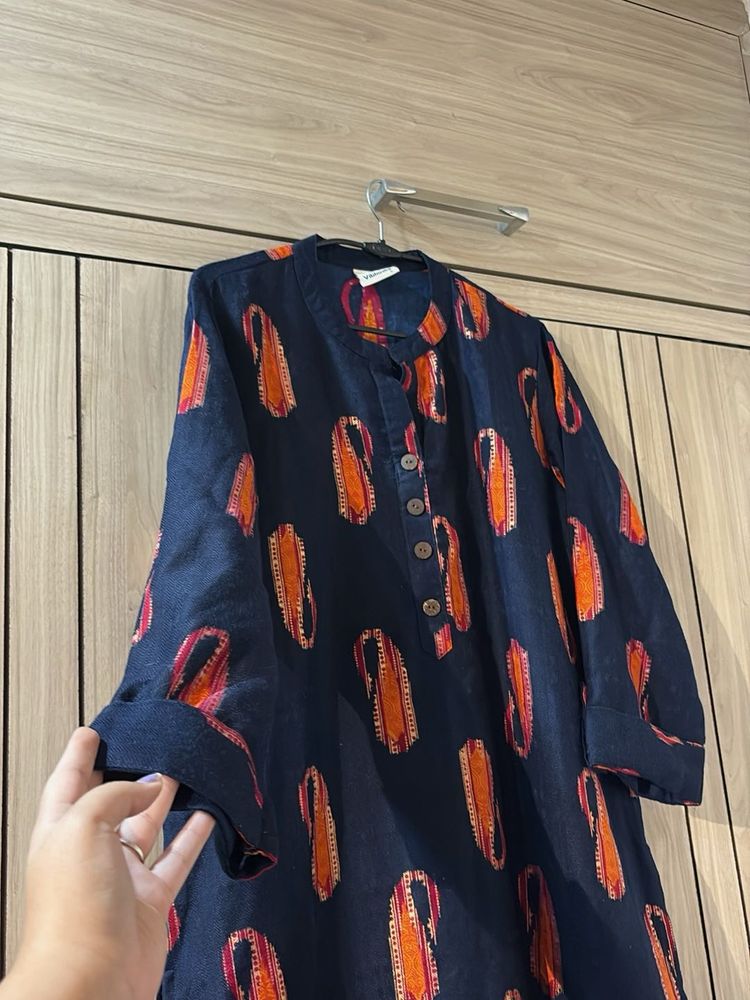 Elegant Navy Kurta with Orange Print