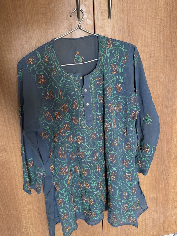 chicken Embroidered Blue Kurta
