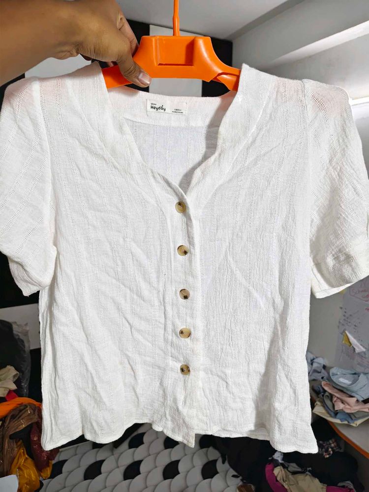 Korean Style White Textured Button Top