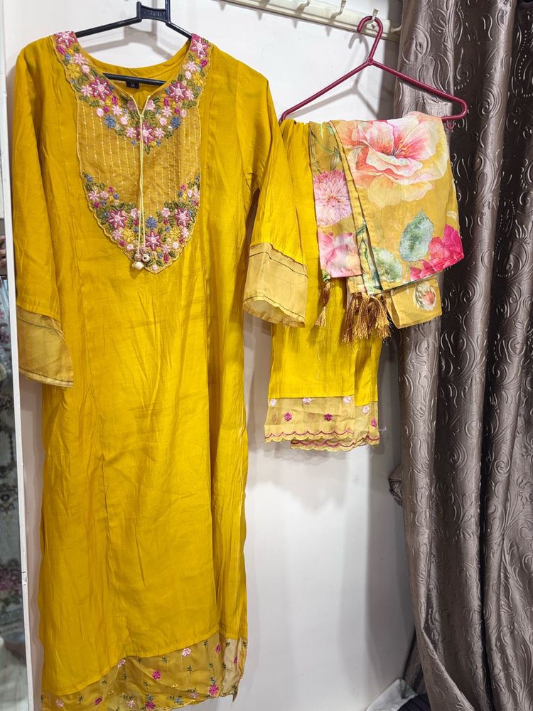 Yellow Embroidered Kurta Set with Dupatta
