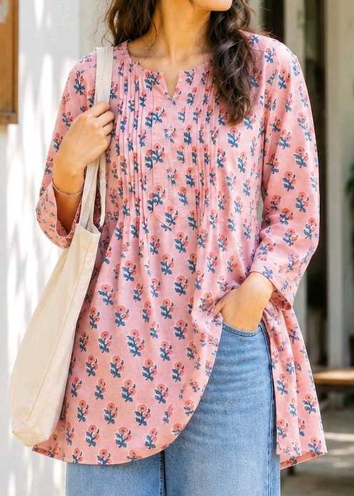 L size Pretty Pink Floral Kurta cotton kurti 🩷
