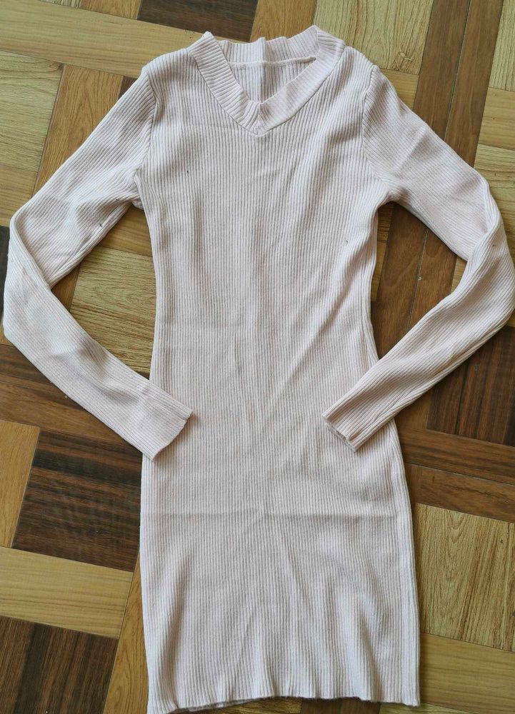 Ribbed V-Neck Long Sleeve Mini Dress