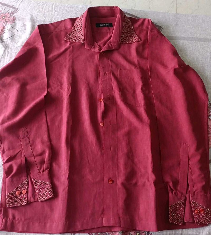 Burgundy Button-Down with Unique Collar &amp; Cuff Det