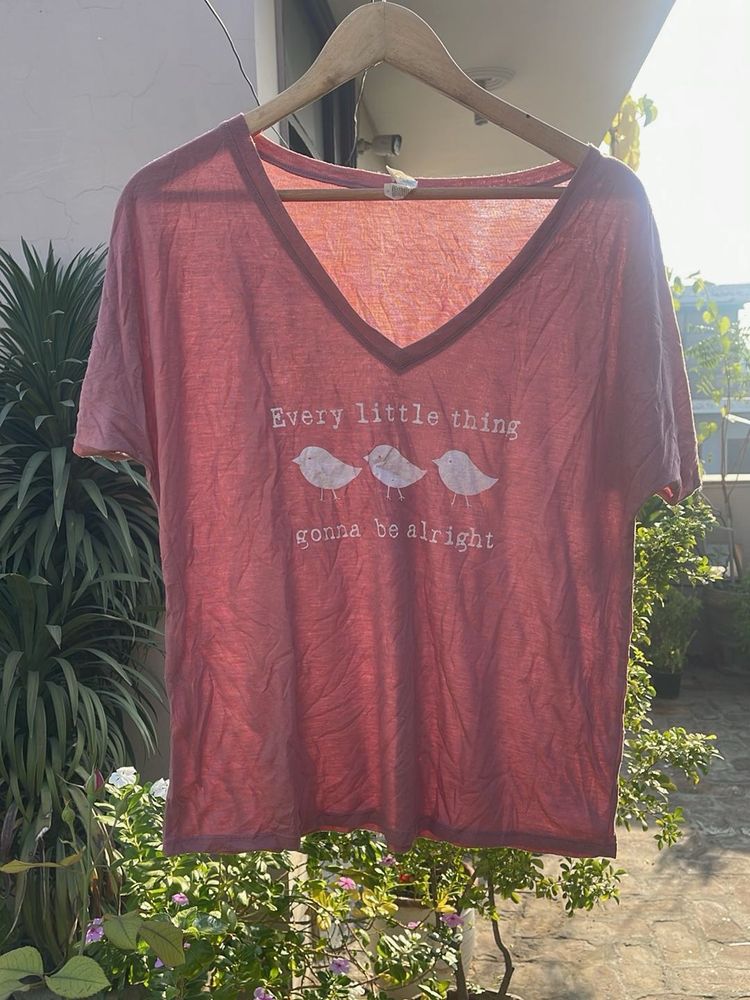 Pink V-Neck T-Shirt with Bird Graphic