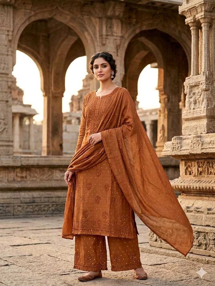 Premium Dot Chanderi Lucknowi Chikankari 3-Pcs Set