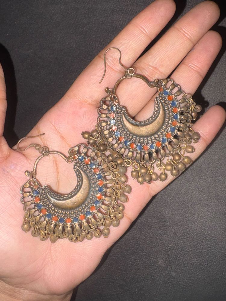 Boho Tribal Crescent Moon Dangle Earrings