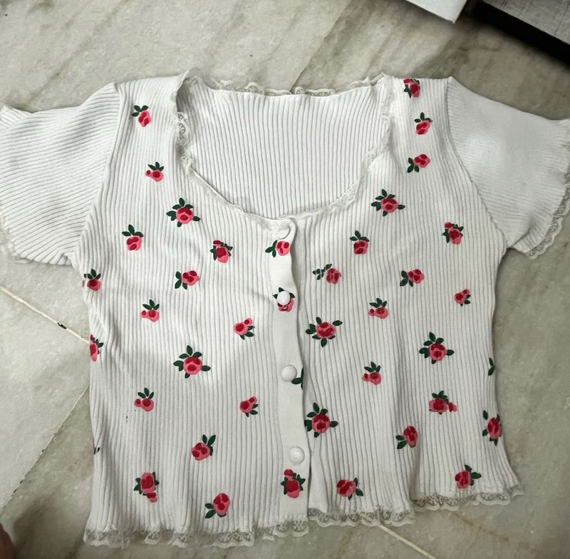 White Floral Print Button-Up Top