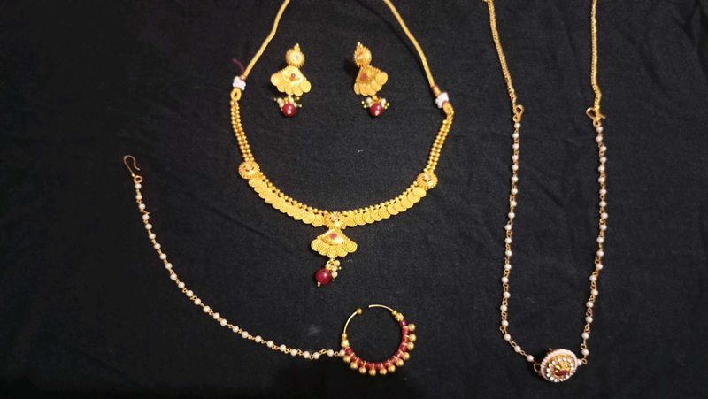 Elegant Gold Necklace &amp; Earring Set with Nose Ring