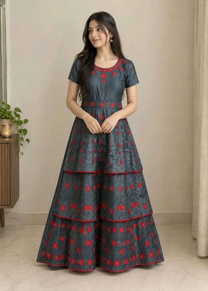 Elegant Grey Floral Tiered Gown