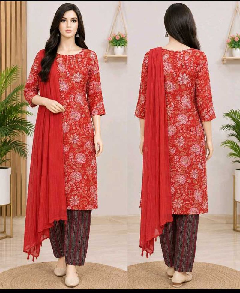 Vibrant Red Floral Kurti Set