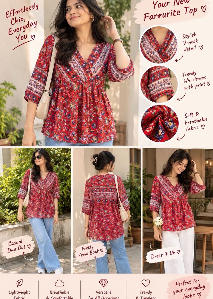 Red Floral Printed Tunic Top | V-Neck