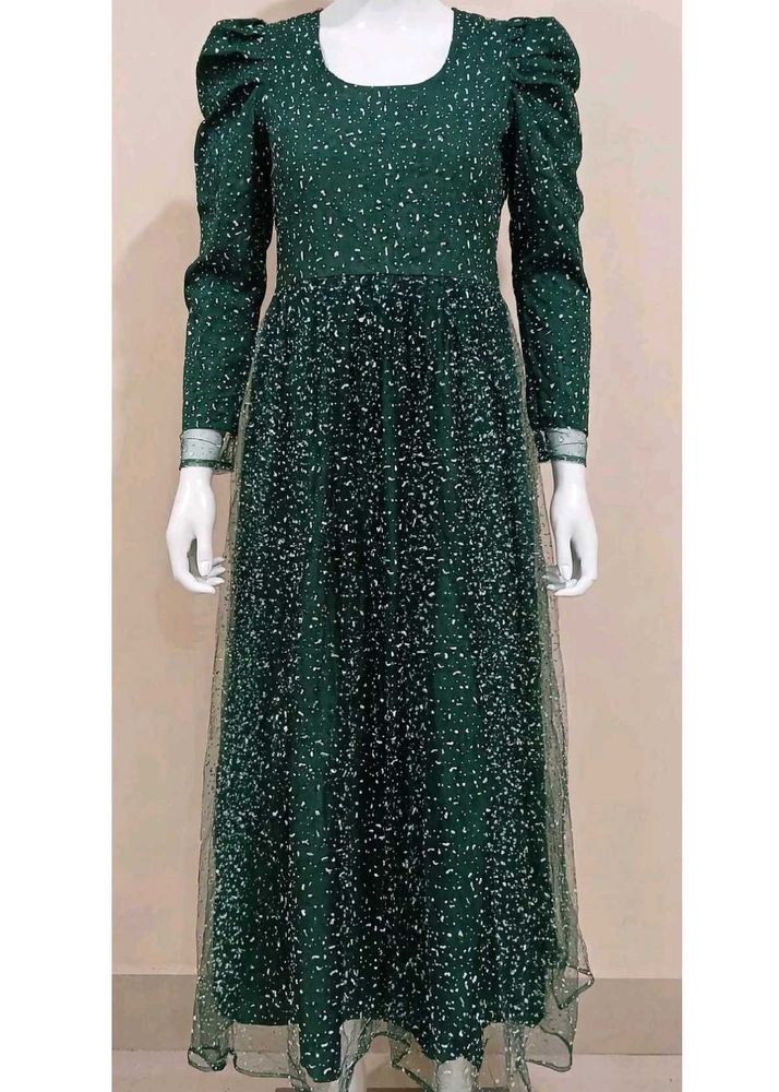 Dark Green Printed Long Dress with Puff Sleeves &amp;