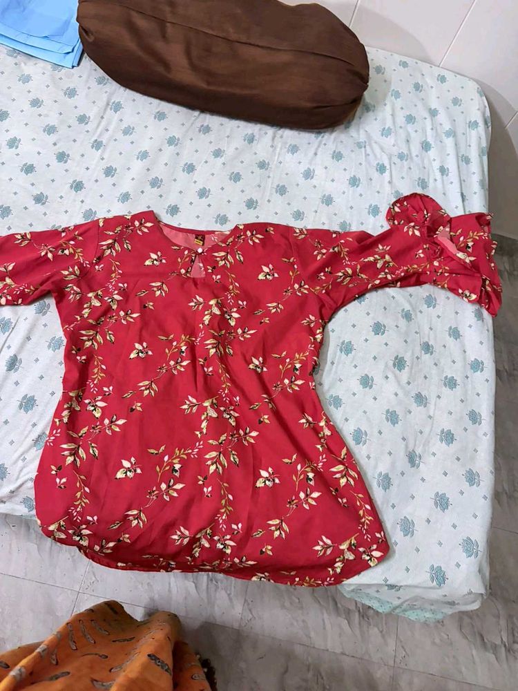 Red Floral Print Kurta
