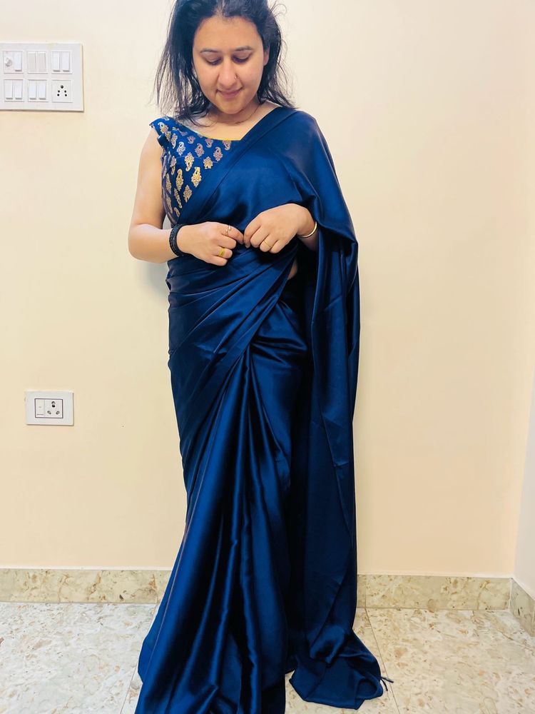 Elegant Navy Blue Satin Saree🧿