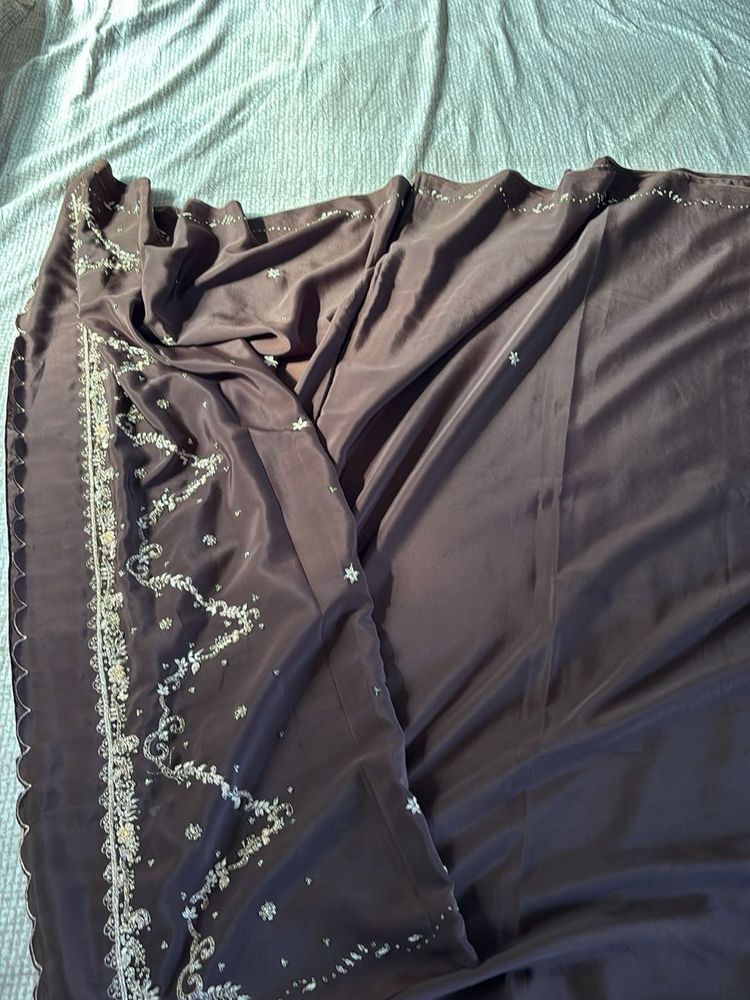 Brown Zardozi Work Silk Satin Saree