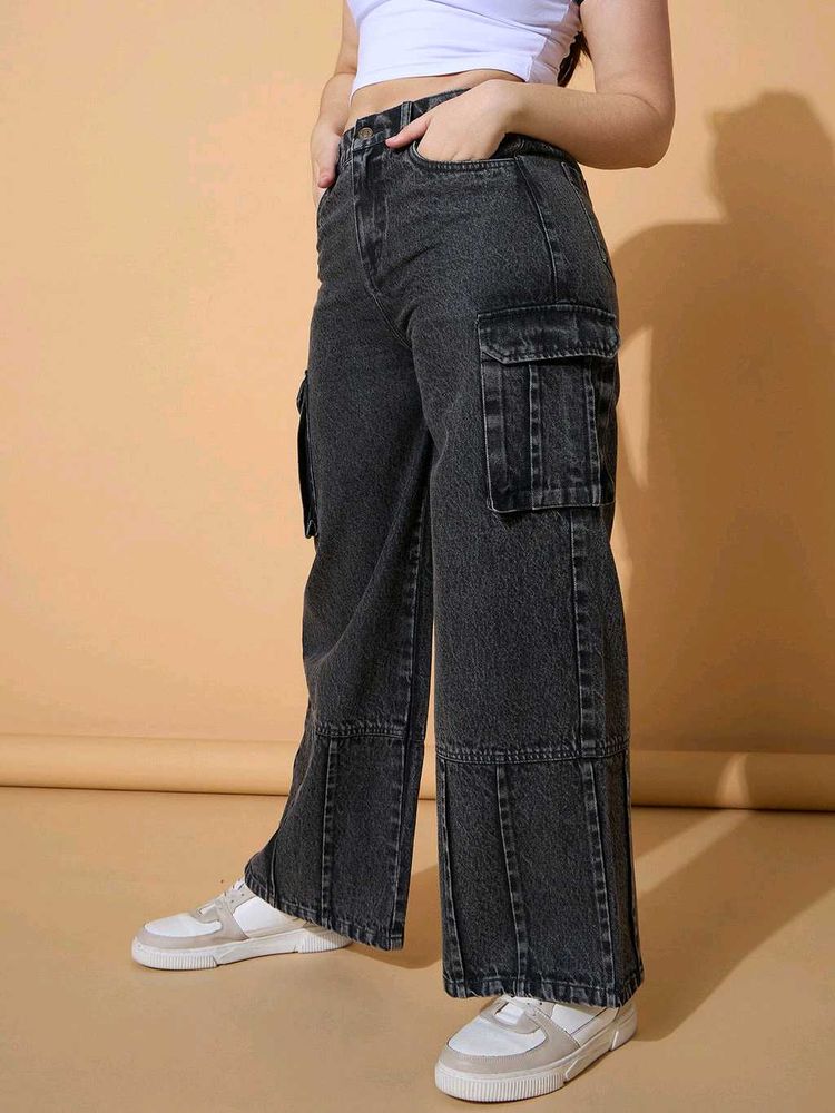 wash faded Black charcoal Cargo Jeans wide leg
