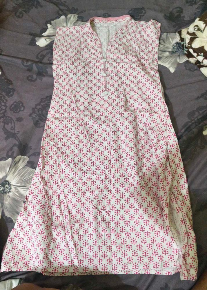 White Kurta with Pink Print