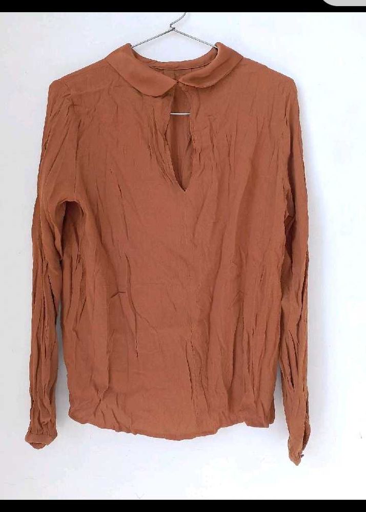 Brown Long Sleeve Collared Blouse