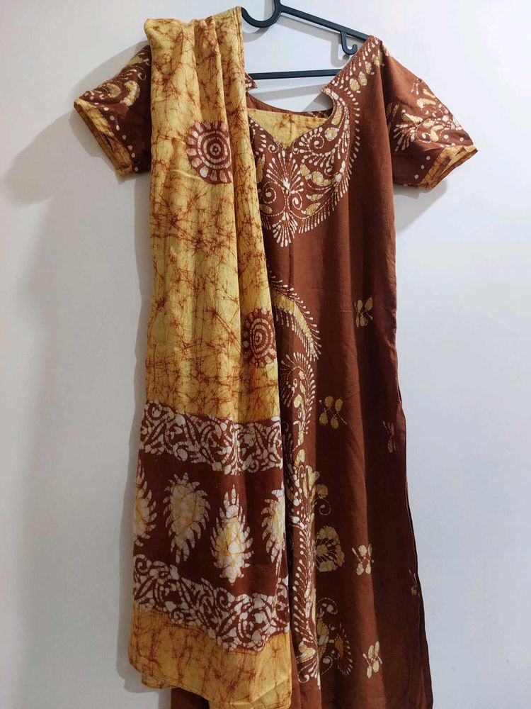 Pure Cotton Batik Suit In Brown &amp; Yellow