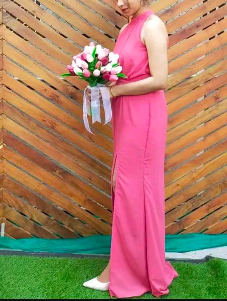 Elegant Pink Halter Neck Gown