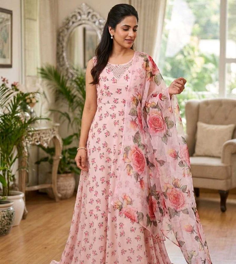 Elegant Floral Kurta Set with oreganza  Dupatta