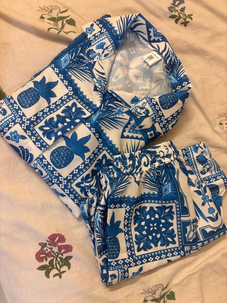 Blue Pineapple Print Pajama Set